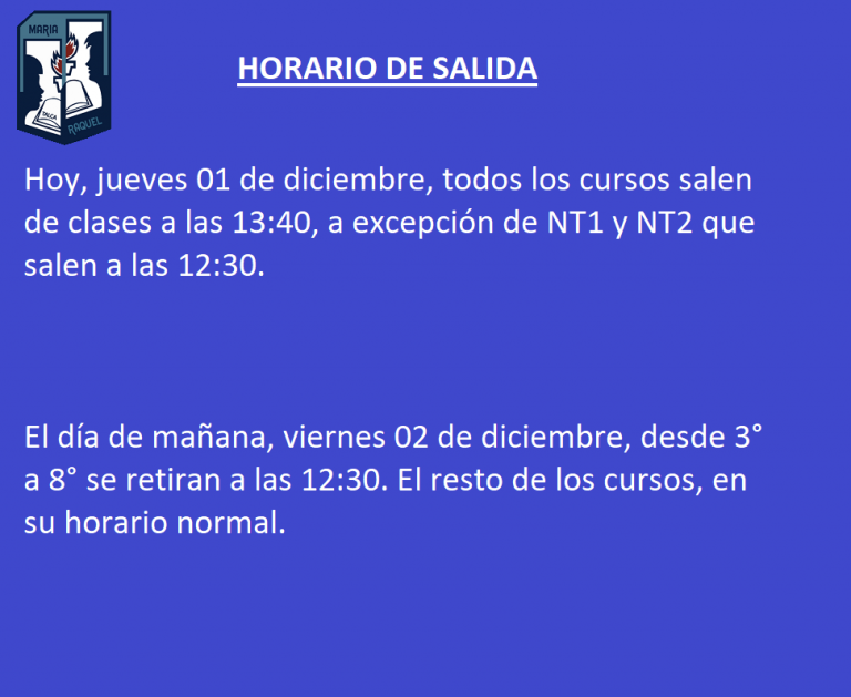 Horario salida jueves 01 y viernes 02 dic